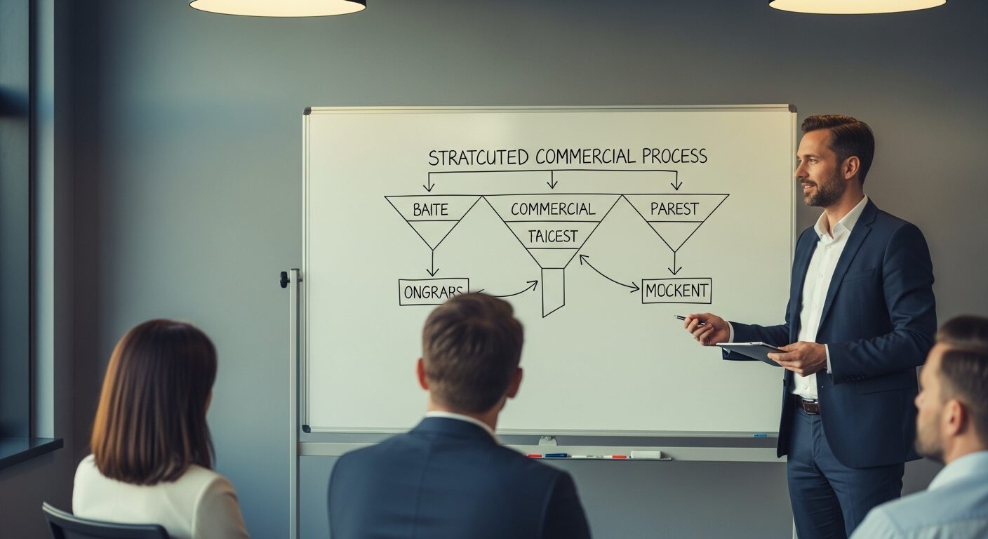 Consultor de vendas apresentando diagnóstico comercial para equipe executiva em sala de reunião