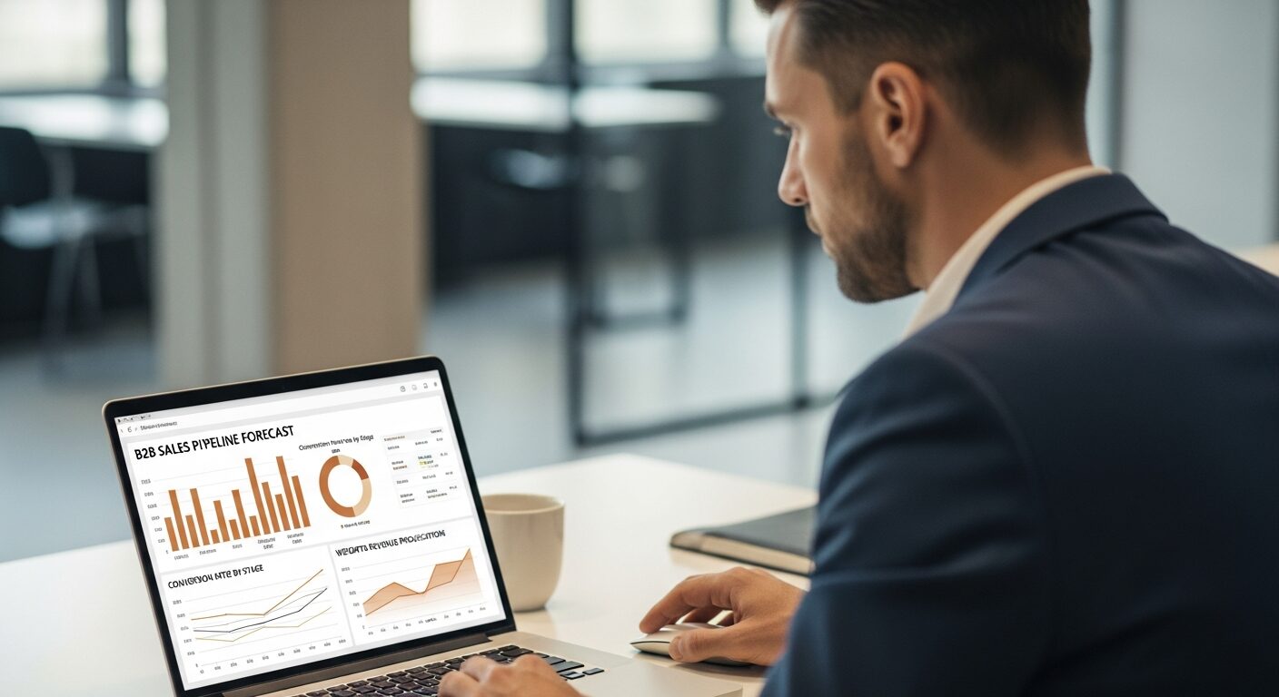 Gestora comercial analisando forecast de vendas B2B com dados de pipeline e taxas de conversão por etapa