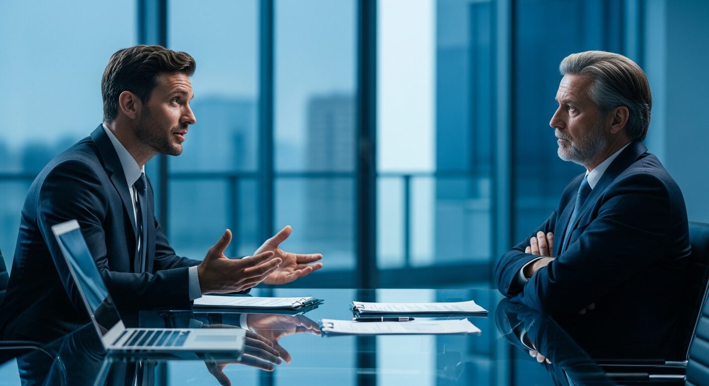 Gestao de objecoes em vendas B2B: vendedor conduzindo negociacao de alto valor com executivo corporativo