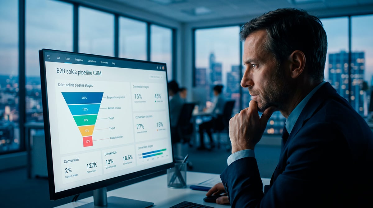 Pipeline de vendas B2B estruturado em tela de CRM com gestor comercial analisando dados