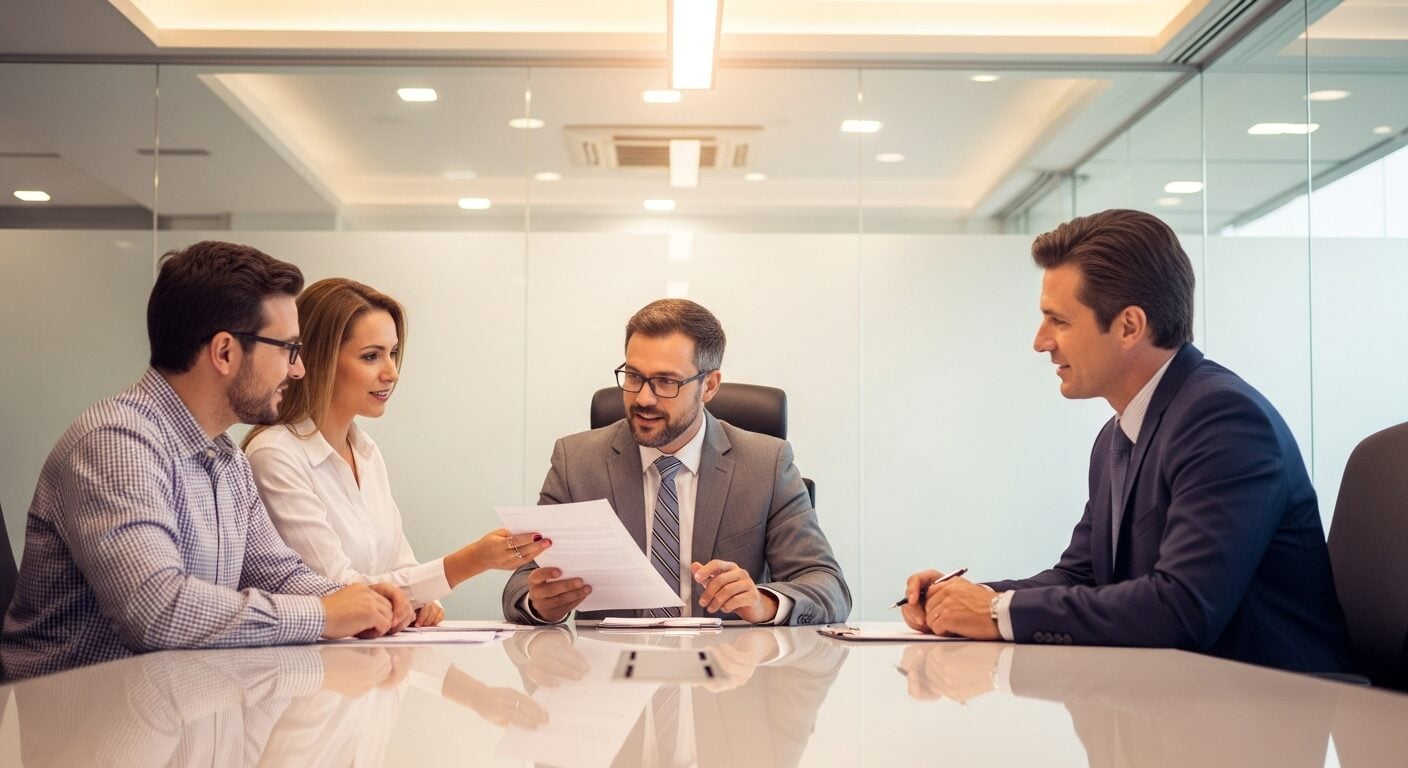 Executivo apresentando proposta comercial B2B estruturada em reuniao de fechamento