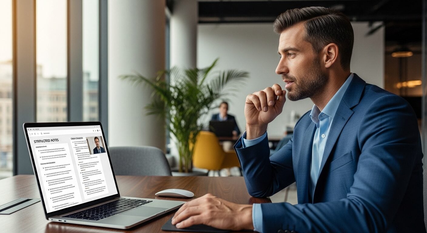 Vendedor conduzindo discovery call B2B em reuniao estruturada de diagnostico e qualificacao com prospect