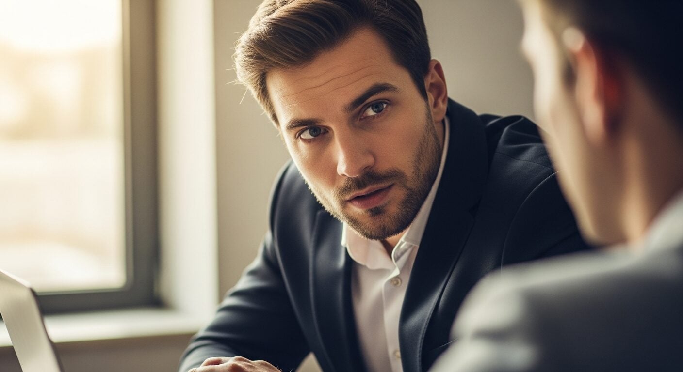 Vendedor praticando escuta ativa em reuniao com cliente B2B, expressao de atencao plena