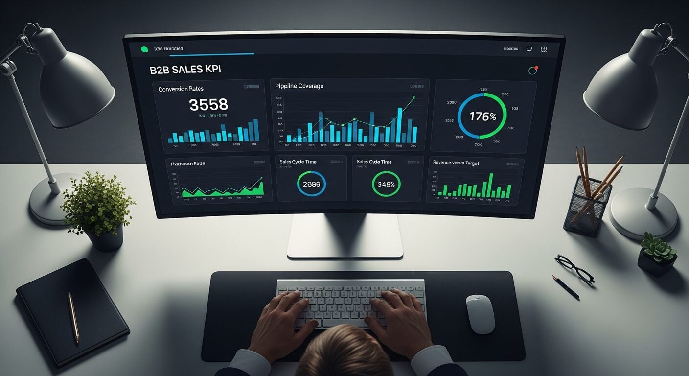 Dashboard de KPIs de vendas B2B com métricas de performance comercial em tela de computador