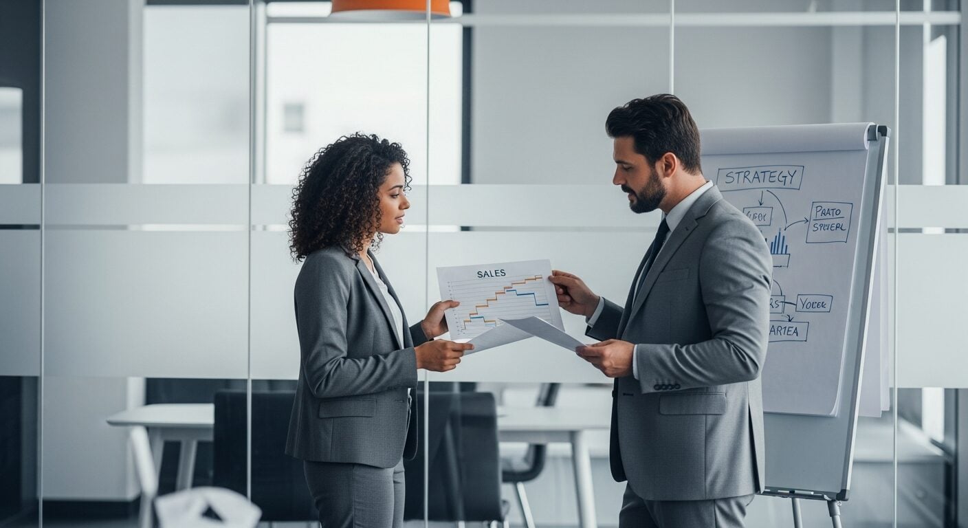 Turnaround comercial em operacao B2B: diretor comercial e consultor revisando pipeline e estrategia em sala de reuniao corporativa