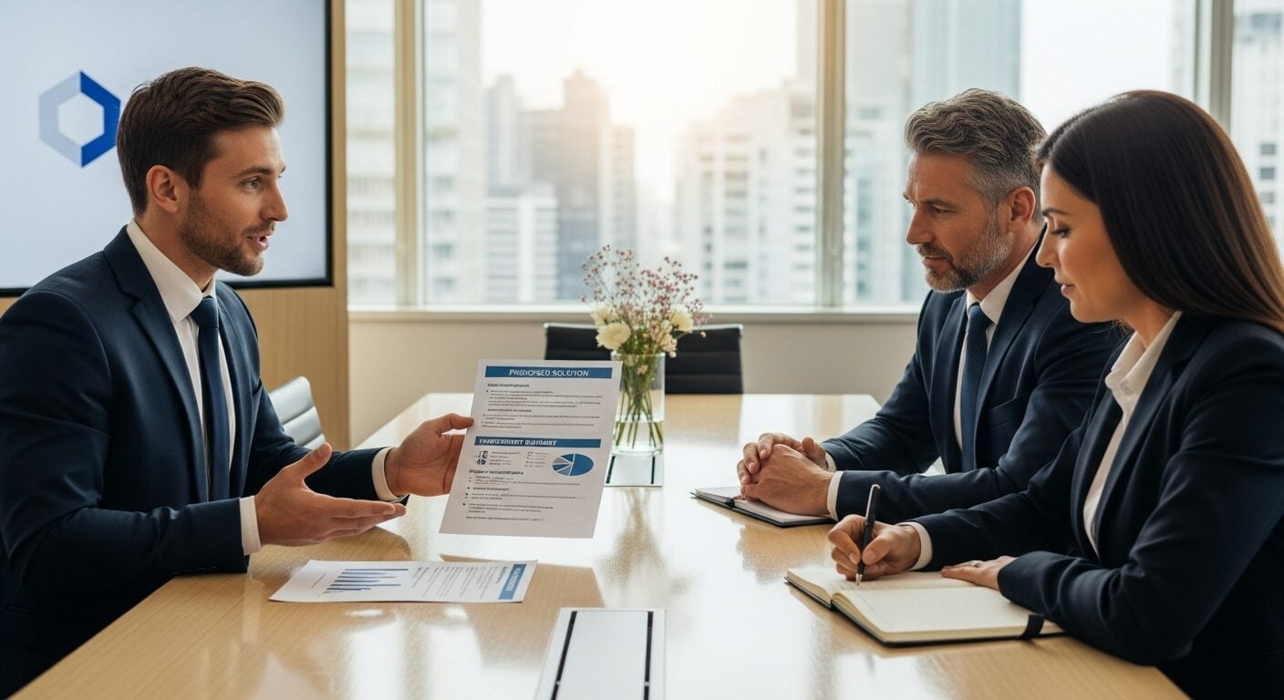 Profissional de vendas B2B apresentando proposta com ancoragem de preco em negociacao estrategica com cliente