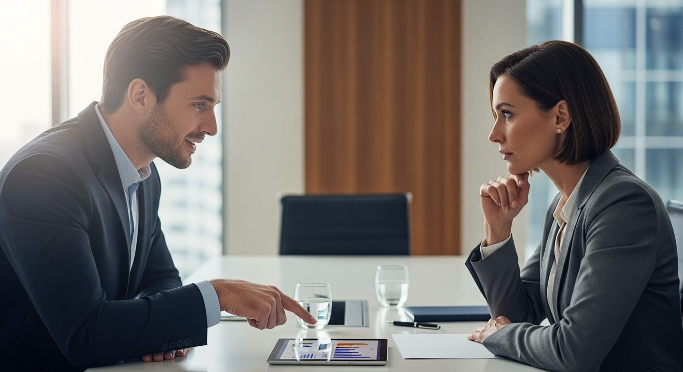 Vendedor aplicando o Challenger Sale ao provocar o pensamento de um executivo em reunião B2B