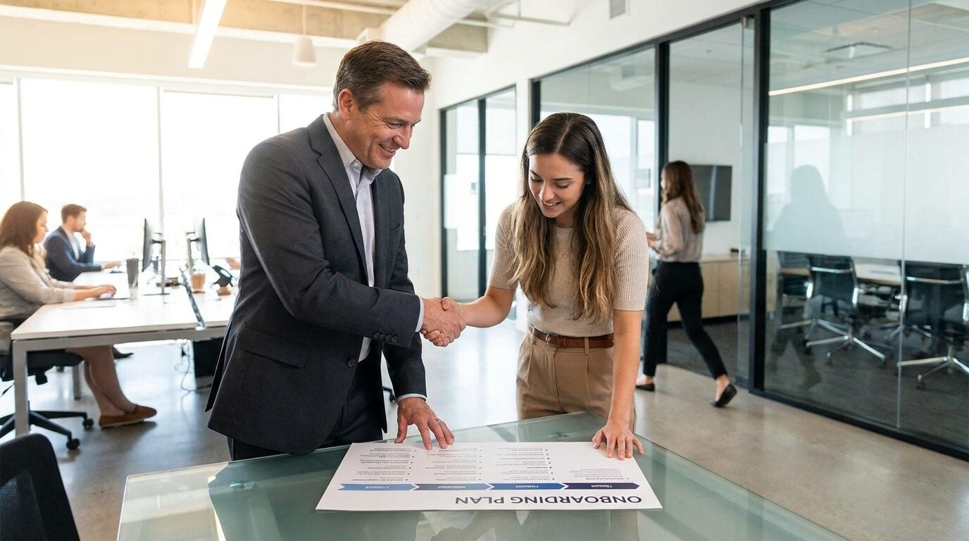 Gerente de vendas B2B estruturando onboarding comercial com novo vendedor em escritorio corporativo moderno