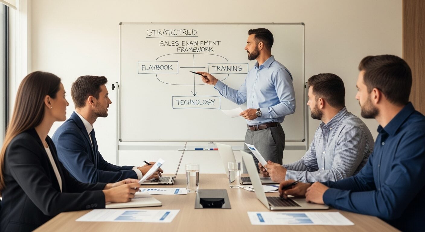 sales enablement B2B - time comercial em reuniao de playbook e metodologia de vendas