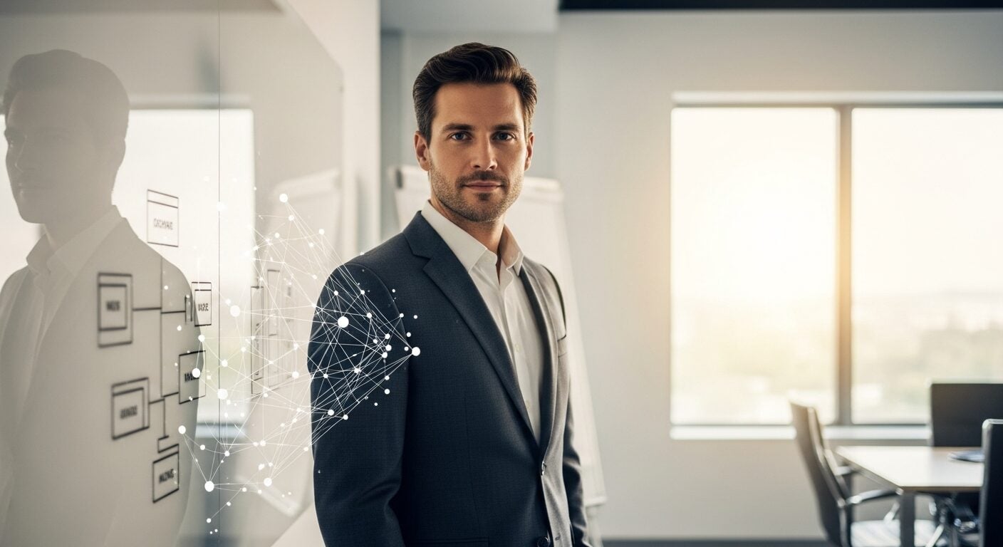 SPIN Selling B2B: consultor de vendas B2B em postura estratégica em escritório corporativo moderno