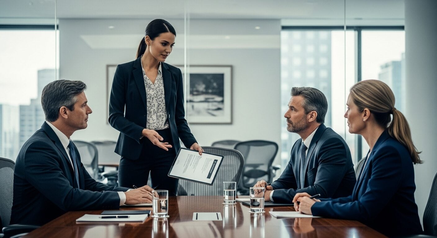 Urgência em vendas B2B representada em reunião de negociação entre consultor e executivo C-level