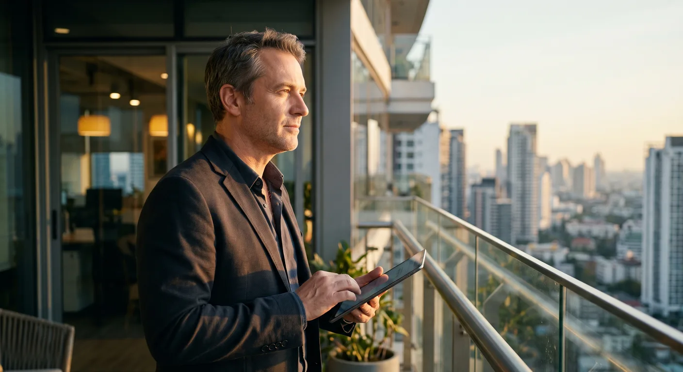 Home 8 - Sellmore Vendas Consultivas B2B diretor comercial: executivo em uma varanda de escritório olha a cidade com um tablet na mão
