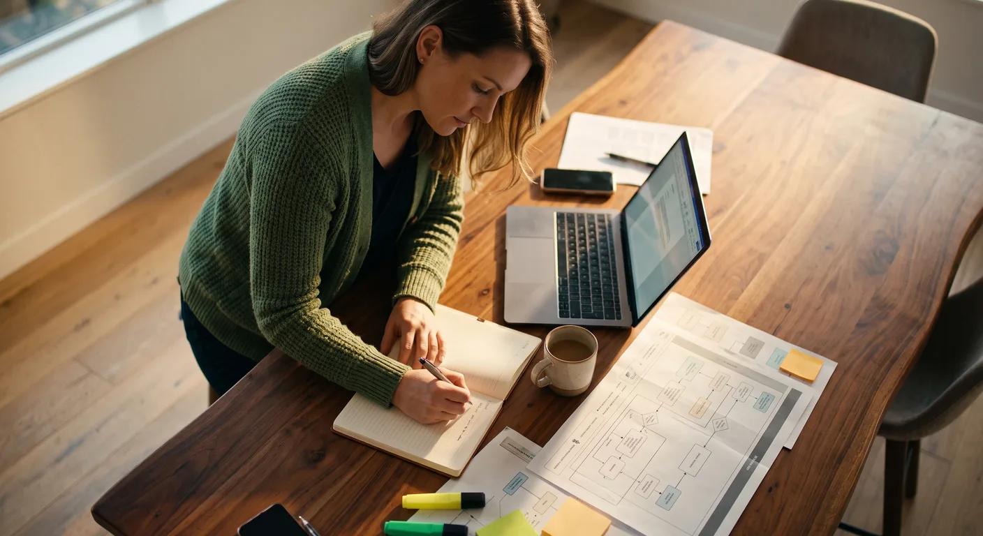 Home 7 - Sellmore Vendas Consultivas B2B playbook de vendas: mulher escreve em um caderno ao lado de um notebook e de mapas de processo impressos